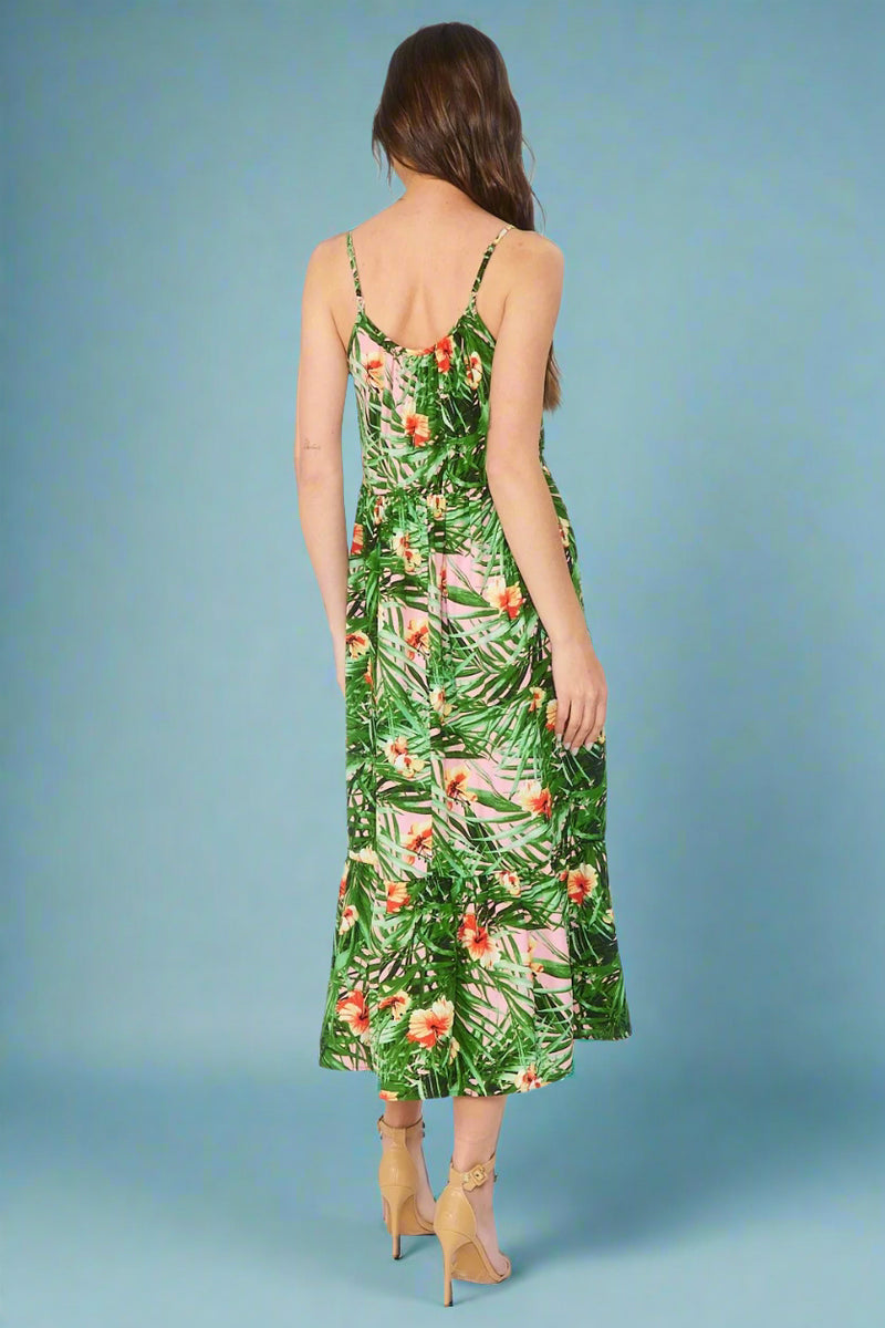 Tropical Tiered Midi Dress - Pink