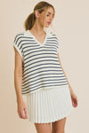 V-Neck Stripe Sweater Top - White