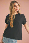 A women’s basic loose fit cotton blend t-shirt in black with crew neck and rolled short sleeves.