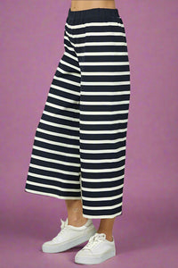 Striped Cropped Rib Pants - Navy