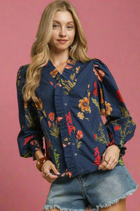 Ruffle Trim Midnight Floral Blouse