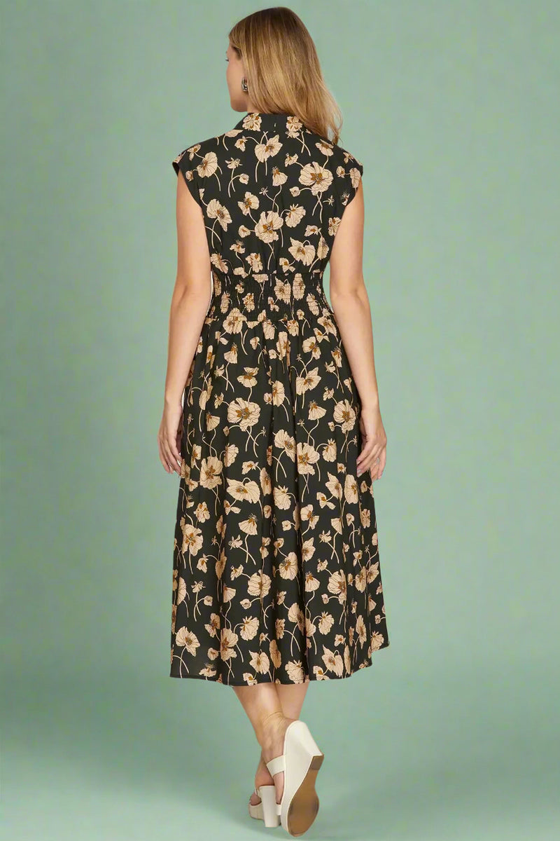 Smocked Waist Floral Zip Dress - Black