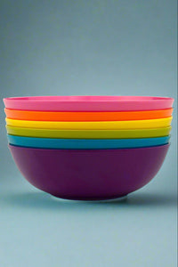 A set of 6 pasta bowls, each in a different color of the rainbow. These are BPA free and dishwasher safe.