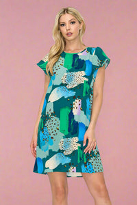 Abstract Printed Mini Dress - Teal
