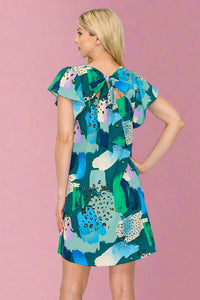 Abstract Printed Mini Dress - Teal