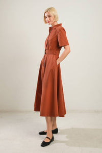 Shirt Button Down Fit Flare Dress Brick