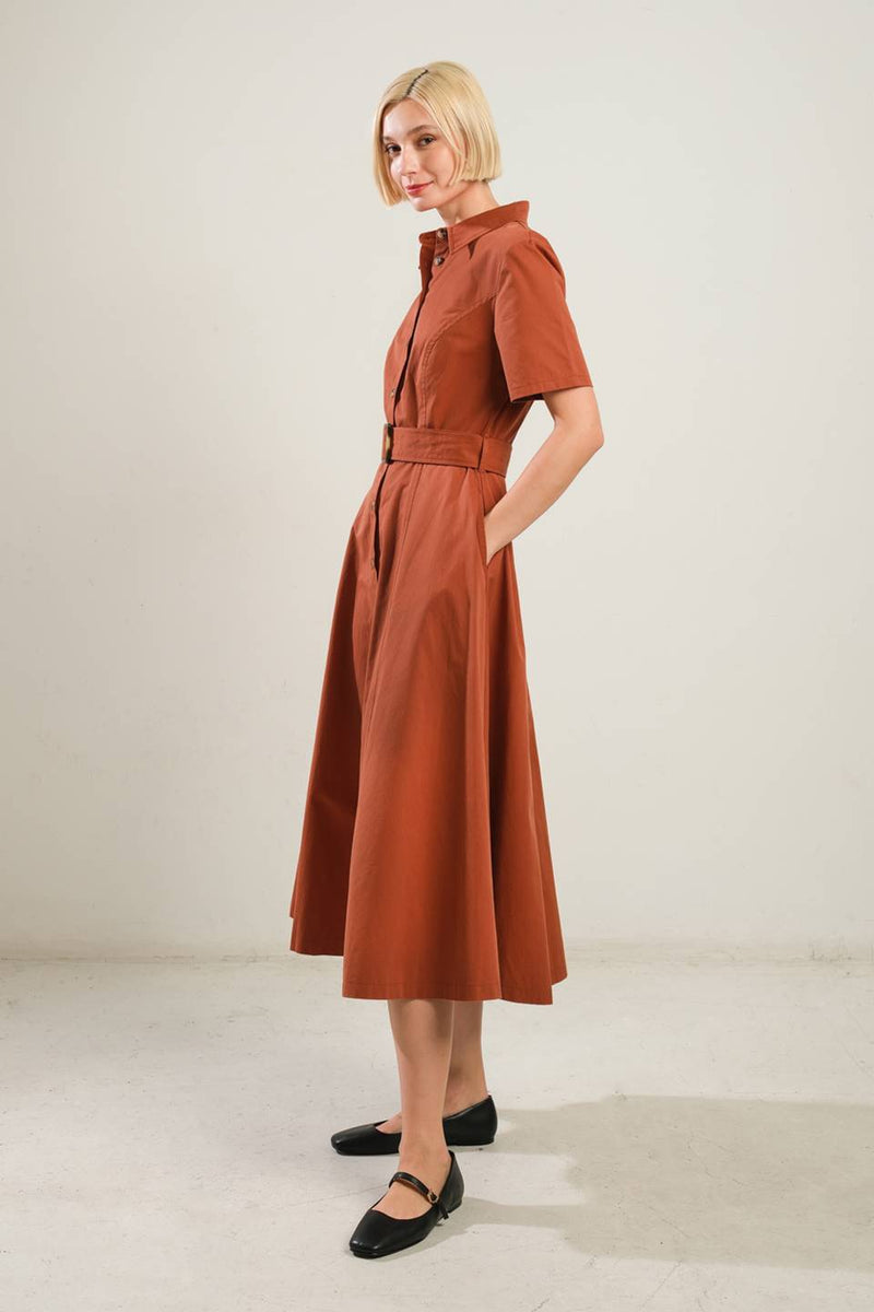 Shirt Button Down Fit Flare Dress Brick