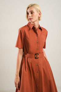 Shirt Button Down Fit Flare Dress Brick