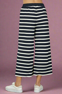 Striped Cropped Rib Pants - Navy
