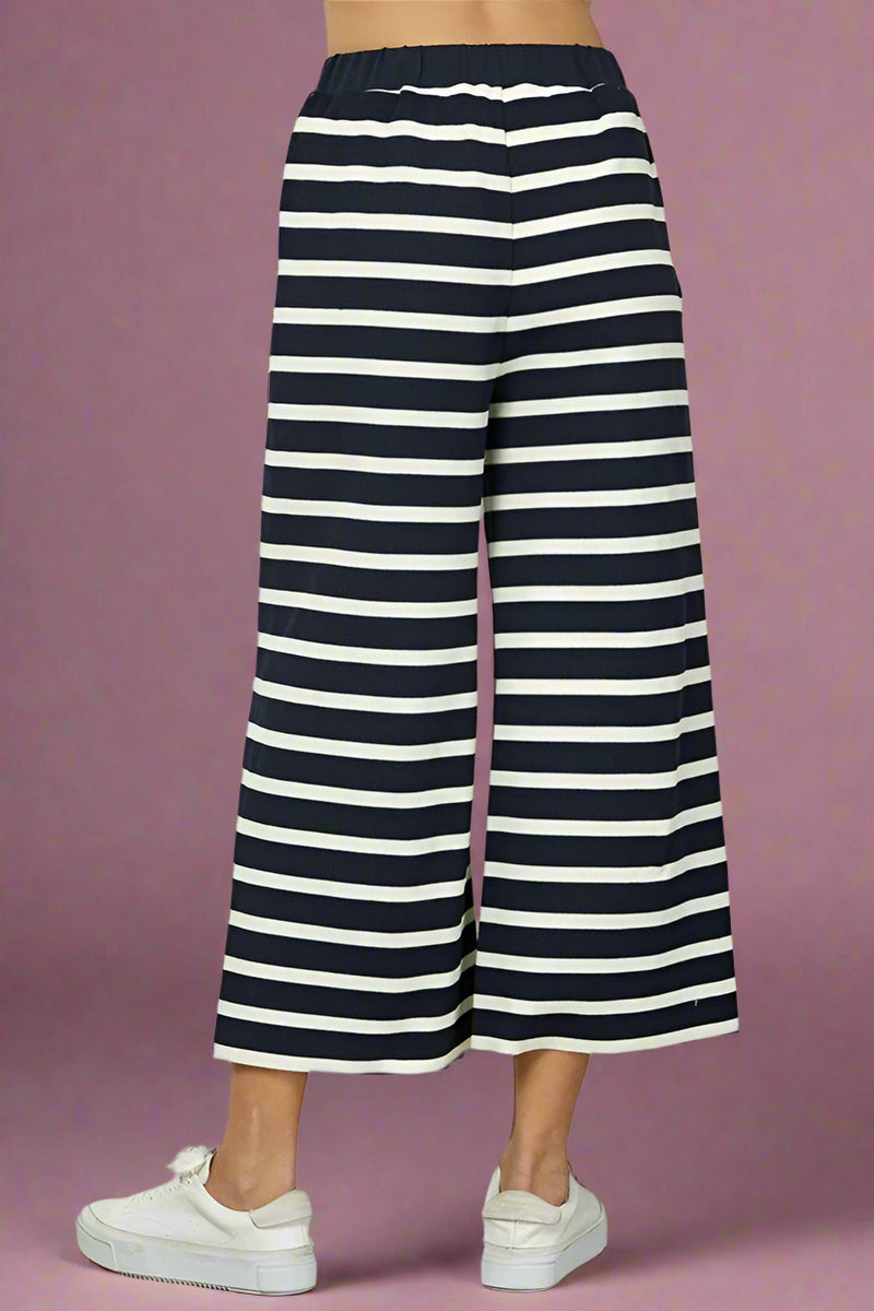 Striped Cropped Rib Pants - Navy
