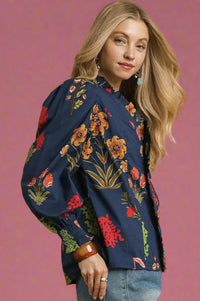 Ruffle Trim Midnight Floral Blouse