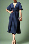 V Neck Venetian Midi Dress - Navy