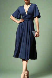 V Neck Venetian Midi Dress - Navy