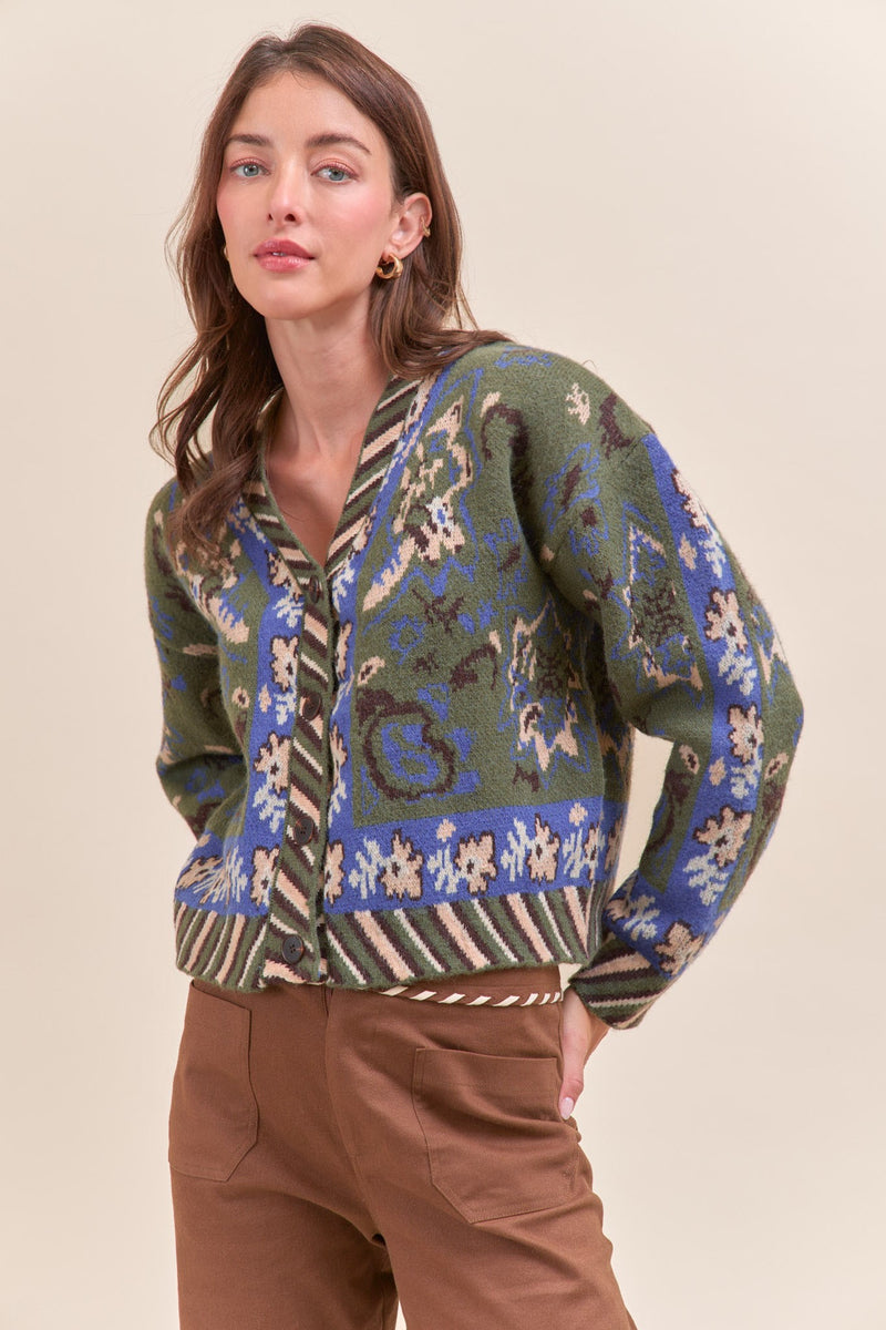Paisley Knit Sweater Cardigan - Olive