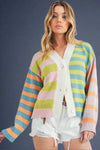 Model is wearing a lightweight knit cardigan with shell buttons and colorful stripes. 