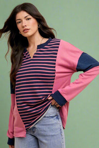 Striped Color Block Oversized Sweatshirt Berry