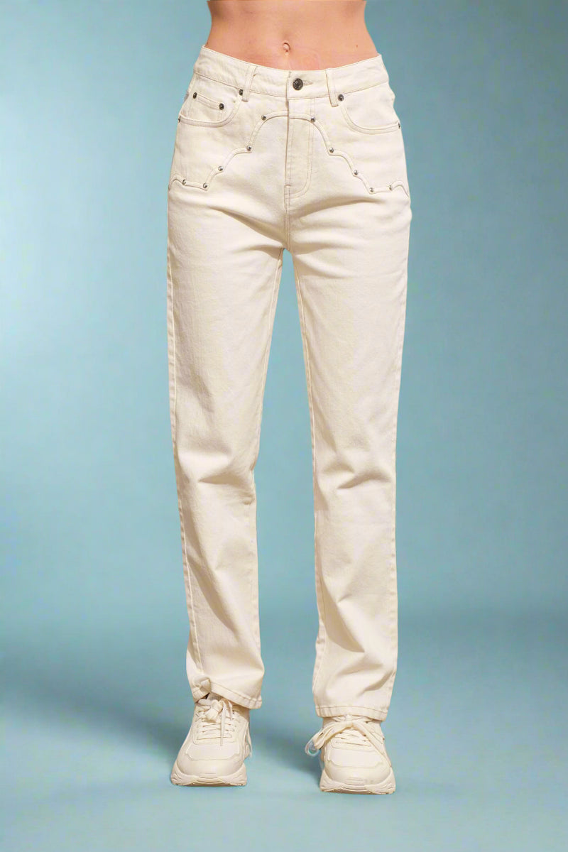 Western Yoke Studded Jeans - Cream
