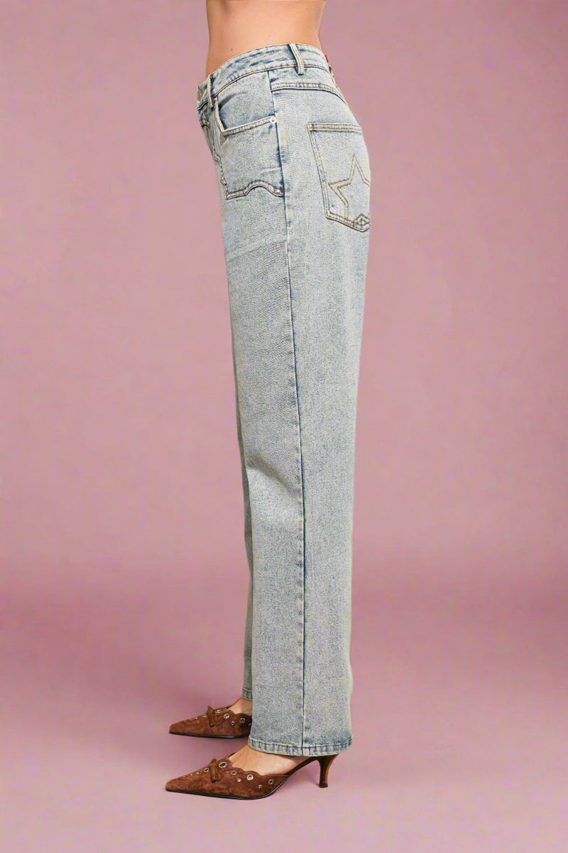 Western Yoke Studded Jeans - Light Wash