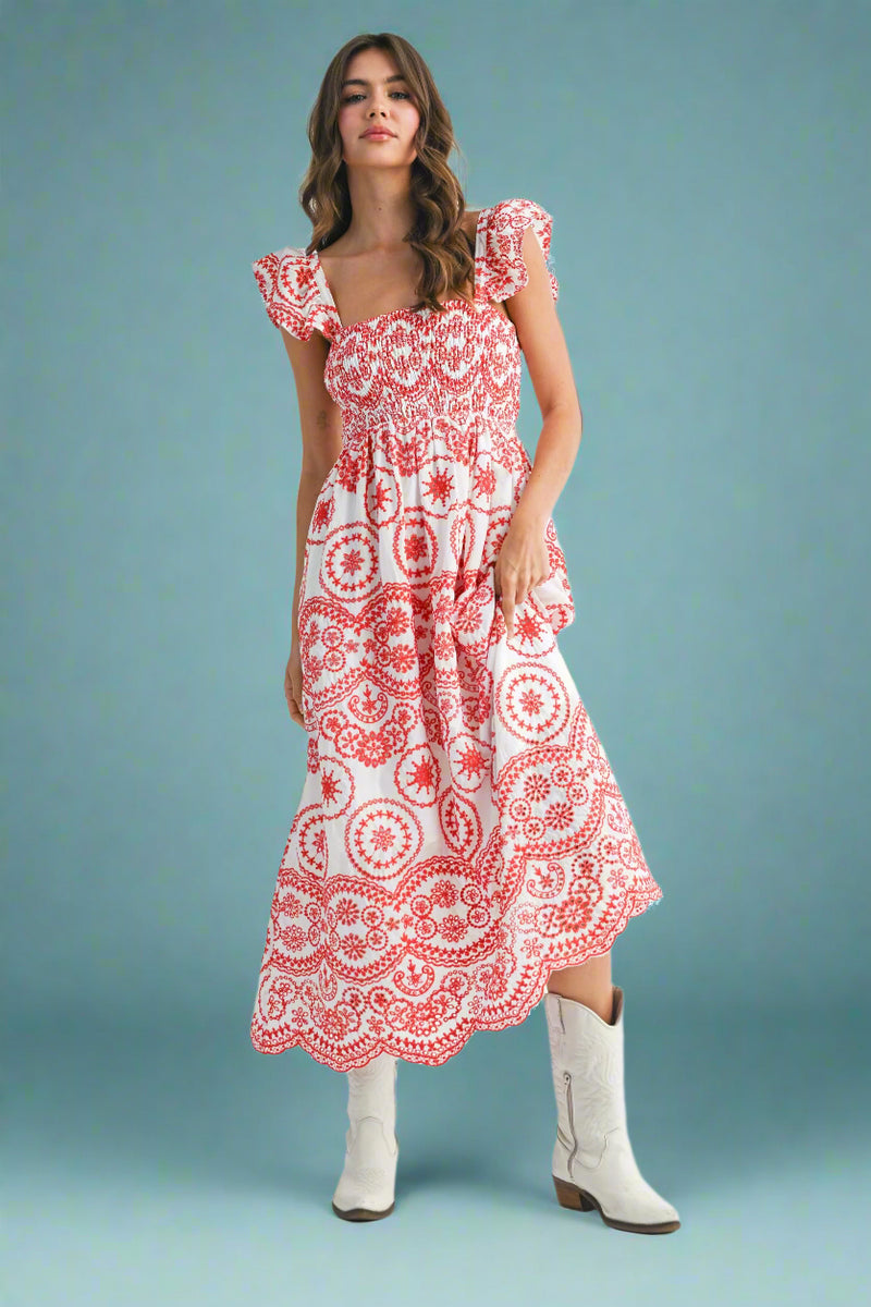Barb Embroidered Maxi Sundress - Red