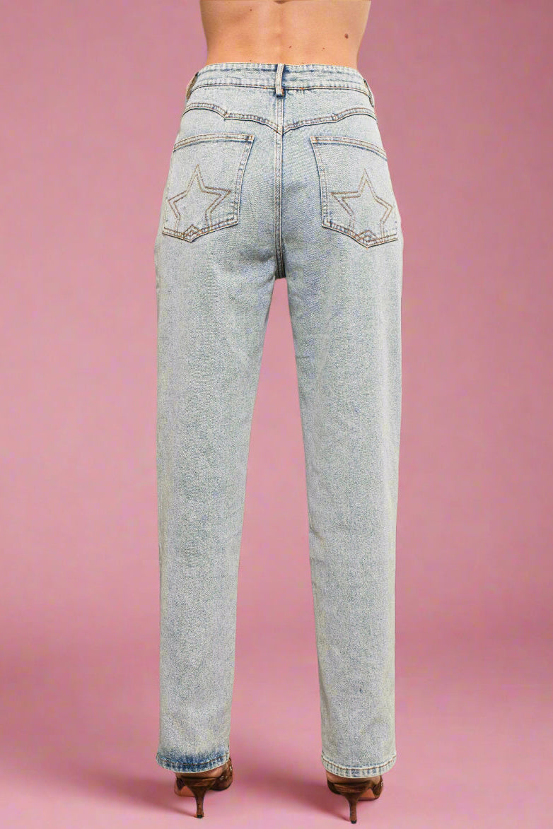 Western Yoke Studded Jeans - Light Wash