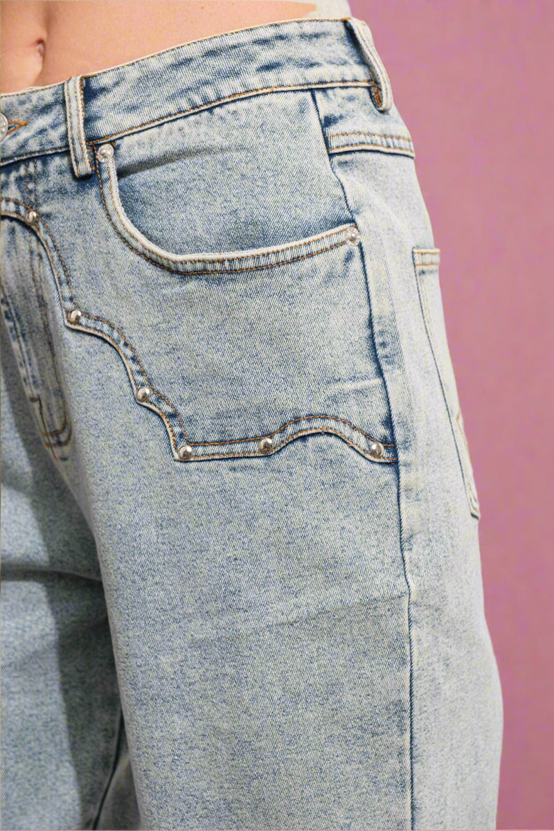 Western Yoke Studded Jeans - Light Wash