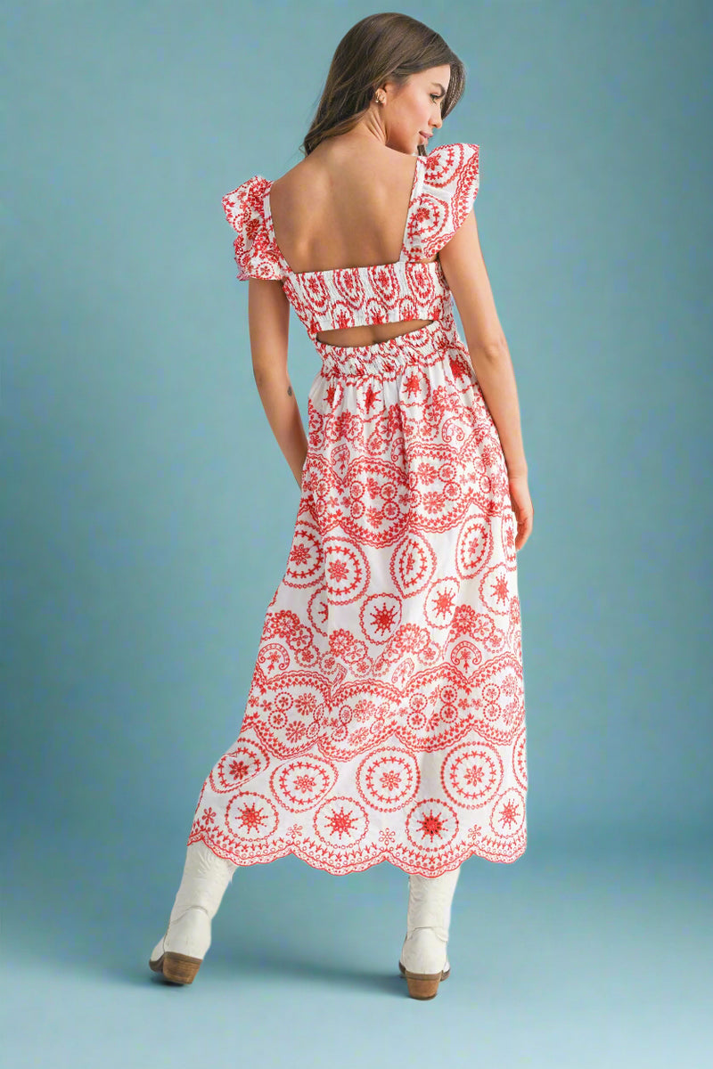 Barb Embroidered Maxi Sundress - Red