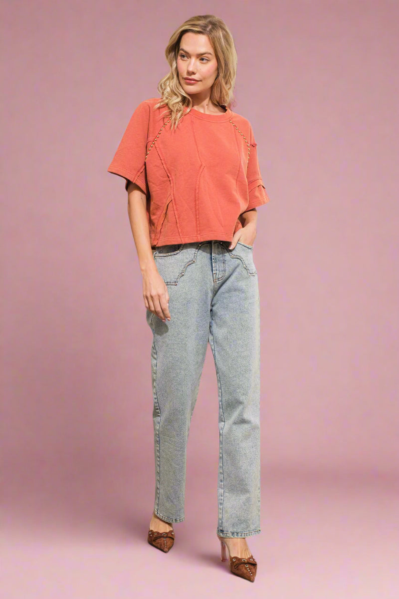 Western Yoke Studded Jeans - Light Wash