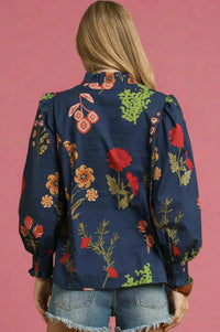 Ruffle Trim Midnight Floral Blouse