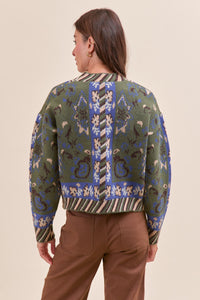 Paisley Knit Sweater Cardigan - Olive