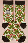Tall socks that say ‘Take The High Road’ and has a cannabis leaf pattern.