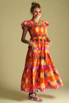 Bold Floral Flutter Sleeve Midi Dress - Orange