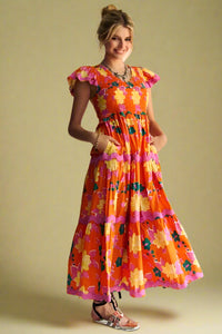 Bold Floral Flutter Sleeve Midi Dress - Orange