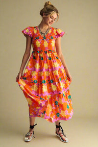 Bold Floral Flutter Sleeve Midi Dress - Orange