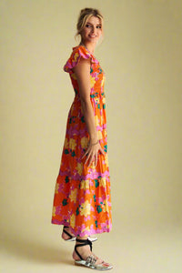 Bold Floral Flutter Sleeve Midi Dress - Orange