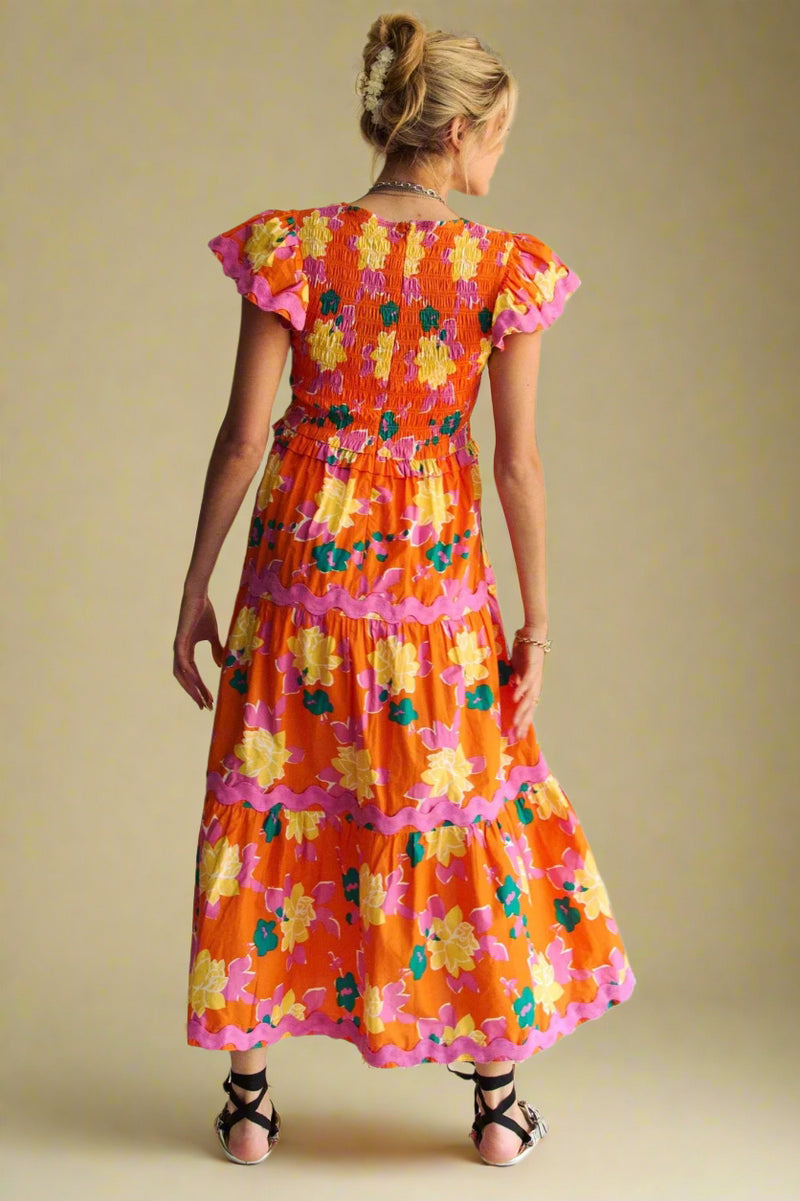 Bold Floral Flutter Sleeve Midi Dress - Orange