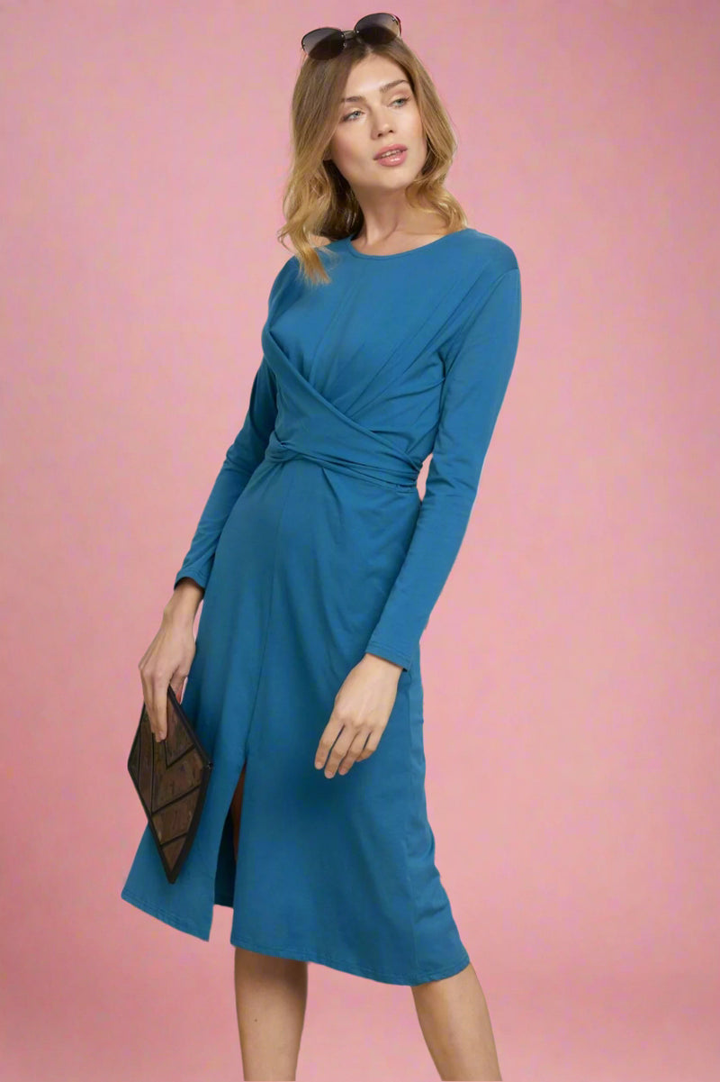 Bow Tie Slit Hem Dress - Teal