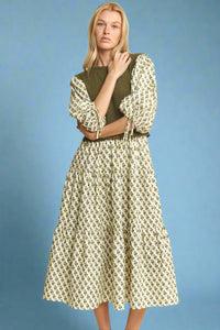 Floral Print Tiered Midi Dress - Olive