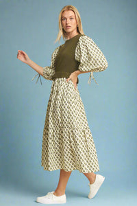 Floral Print Tiered Midi Dress - Olive