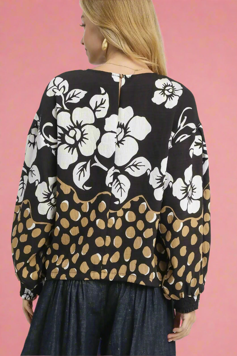 Floral Balloon Sleeve Top Black