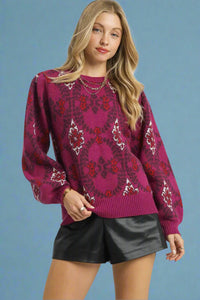 Boho Patterned Knit Sweater - Berry