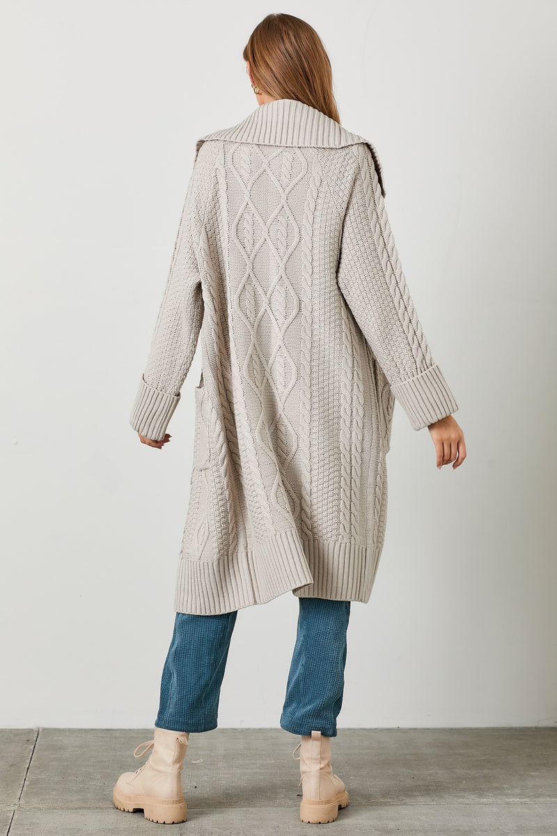 Cable Knit Long Cardigan Grey