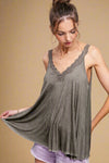 Washed Lace Trim Tank - Charcoal