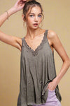 Washed Lace Trim Tank - Charcoal