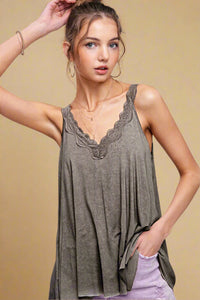 Washed Lace Trim Tank - Charcoal