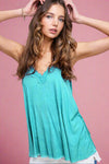 Washed Lace Trim Tank - Turquoise
