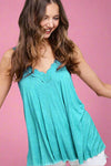 Washed Lace Trim Tank - Turquoise