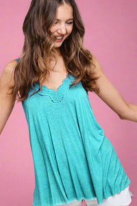 Washed Lace Trim Tank - Turquoise