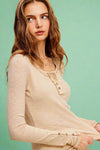 Ribbed Henley Button Top - Beige