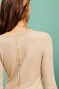 Ribbed Henley Button Top - Beige