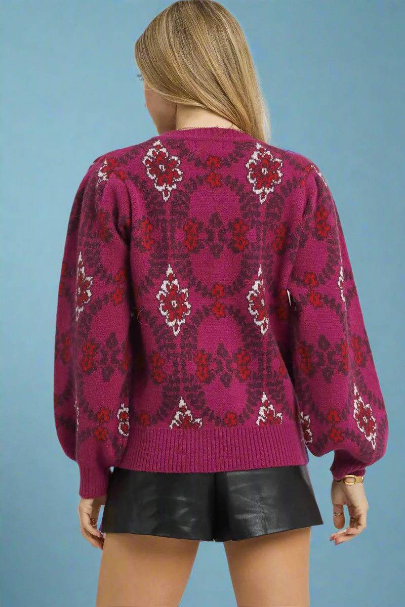 Boho Patterned Knit Sweater - Berry